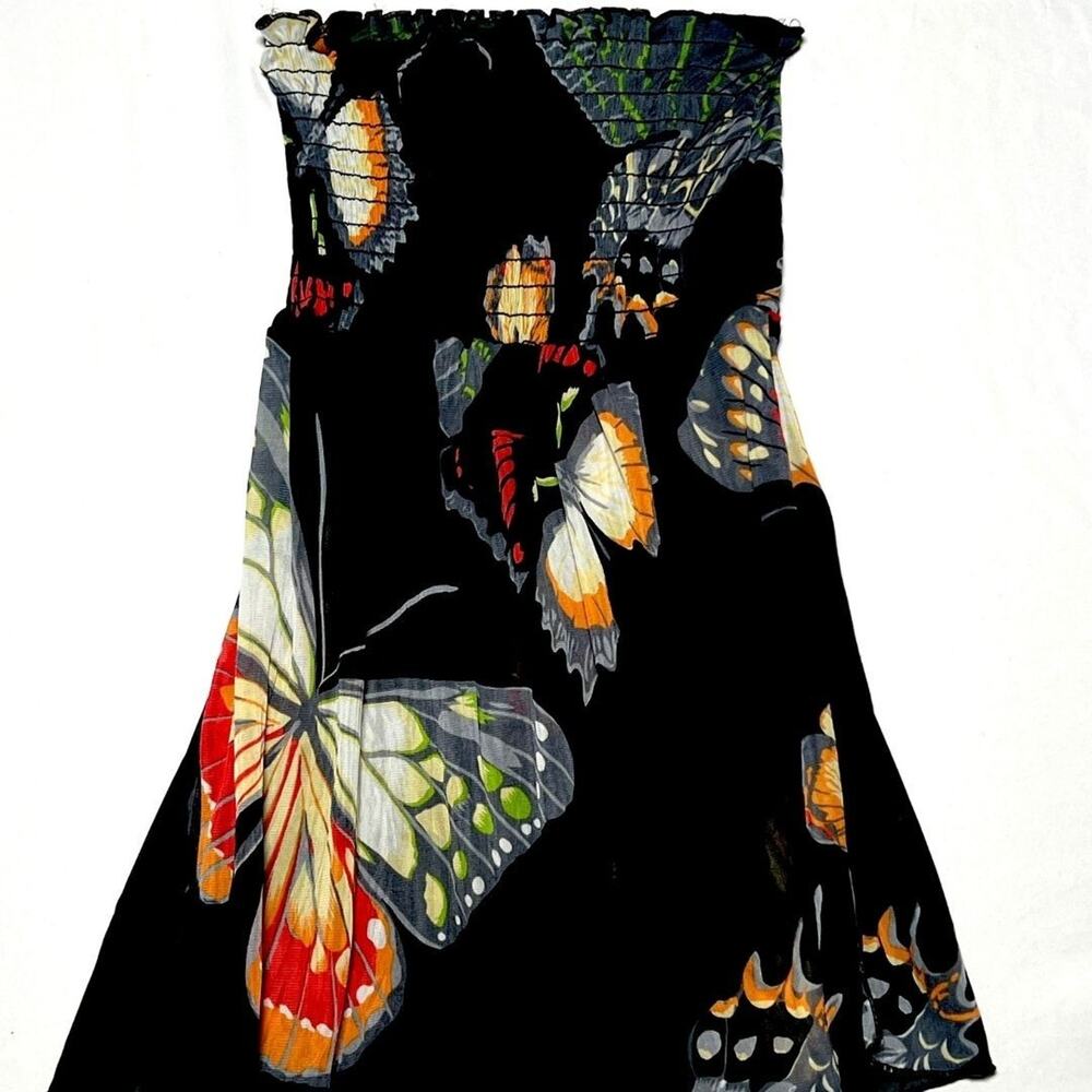 Black Butterfly Shirred Tube Top Sheer Double Side Slit Sz Sm Fairycore y2k